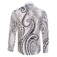 Polynesia Plumeria Lei Family Matching Off The Shoulder Long Sleeve Dress and Hawaiian Shirt White Curves Motif