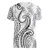 Polynesia Plumeria Lei Women V-Neck T-Shirt White Curves Motif