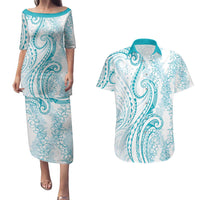 Polynesia Plumeria Lei Couples Matching Puletasi and Hawaiian Shirt White Turquoise Curves Motif LT7 Turquoise - Polynesian Pride