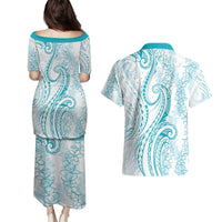 Polynesia Plumeria Lei Couples Matching Puletasi and Hawaiian Shirt White Turquoise Curves Motif LT7 - Polynesian Pride