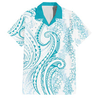 Polynesia Plumeria Lei Family Matching Puletasi and Hawaiian Shirt White Turquoise Curves Motif