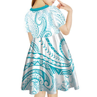 Polynesia Plumeria Lei Kid Short Sleeve Dress White Turquoise Curves Motif LT7 - Polynesian Pride