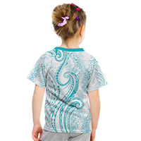 Polynesia Plumeria Lei Kid T Shirt White Turquoise Curves Motif