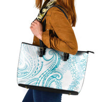 Polynesia Plumeria Lei Leather Tote Bag White Turquoise Curves Motif
