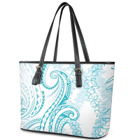 Polynesia Plumeria Lei Leather Tote Bag White Turquoise Curves Motif