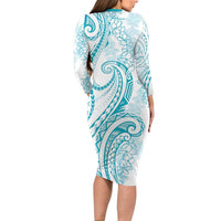 Polynesia Plumeria Lei Long Sleeve Bodycon Dress White Turquoise Curves Motif