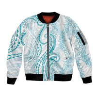 Polynesia Plumeria Lei Sleeve Zip Bomber Jacket White Turquoise Curves Motif