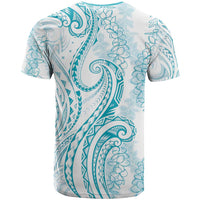 Polynesia Plumeria Lei T Shirt White Turquoise Curves Motif