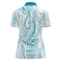 Polynesia Plumeria Lei Women Polo Shirt White Turquoise Curves Motif