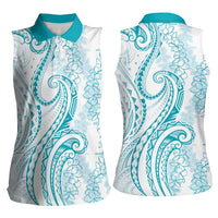 Polynesia Plumeria Lei Women Sleeveless Polo Shirt White Turquoise Curves Motif