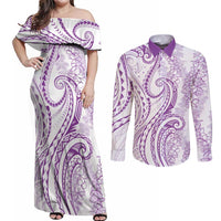 Polynesia Plumeria Lei Couples Matching Off Shoulder Maxi Dress and Long Sleeve Button Shirt White Violet Curves Motif LT7 Violet - Polynesian Pride