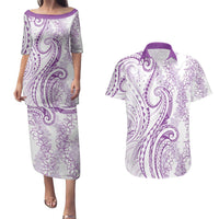 Polynesia Plumeria Lei Couples Matching Puletasi and Hawaiian Shirt White Violet Curves Motif LT7 Violet - Polynesian Pride