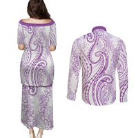 Polynesia Plumeria Lei Couples Matching Puletasi and Long Sleeve Button Shirt White Violet Curves Motif LT7 - Polynesian Pride