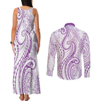 Polynesia Plumeria Lei Couples Matching Tank Maxi Dress and Long Sleeve Button Shirt White Violet Curves Motif LT7 - Polynesian Pride