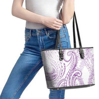 Polynesia Plumeria Lei Leather Tote Bag White Violet Curves Motif