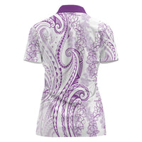 Polynesia Plumeria Lei Women Polo Shirt White Violet Curves Motif