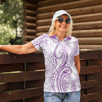 Polynesia Plumeria Lei Women Polo Shirt White Violet Curves Motif