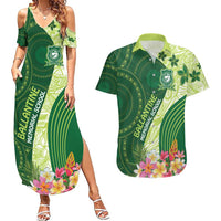 Fiji Ballantine Memorial High School Personalised Couples Matching Summer Maxi Dress and Hawaiian Shirt Masi Tapa Mix Plumeria