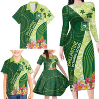 Fiji Ballantine Memorial High School Personalised Family Matching Long Sleeve Bodycon Dress and Hawaiian Shirt Masi Tapa Mix Plumeria