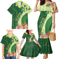 Fiji Ballantine Memorial High School Personalised Family Matching Mermaid Dress and Hawaiian Shirt Masi Tapa Mix Plumeria
