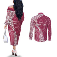 Fiji Adi Cakobau School Personalised Couples Matching Off The Shoulder Long Sleeve Dress and Long Sleeve Button Shirt Masi Tapa Mix Plumeria