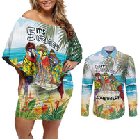 It's 5 o'clock Somewhere Couples Matching Off Shoulder Short Dress and Long Sleeve Button Shirt Beach Party LT7 Colorful - Polynesian Pride