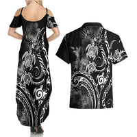 Aloha Hawaii Turtles Floral Couples Matching Summer Maxi Dress and Hawaiian Shirt Obsidian Glaze