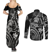 Aloha Hawaii Turtles Floral Couples Matching Summer Maxi Dress and Long Sleeve Button Shirt Obsidian Glaze