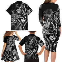 Aloha Hawaii Turtles Floral Family Matching Long Sleeve Bodycon Dress and Hawaiian Shirt Obsidian Glaze LT7 Mom's Dress Black - Polynesian Pride