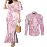 Aloha Hawaii Turtles Floral Couples Matching Mermaid Dress and Long Sleeve Button Shirt Pink Marbles Glaze