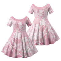 Aloha Hawaii Turtles Floral Family Matching Off Shoulder Short Dress and Hawaiian Shirt Pink Marbles Glaze LT7 Daughter's Dress Pink - Polynesian Pride