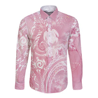 Aloha Hawaii Turtles Floral Long Sleeve Button Shirt Pink Marbles Glaze