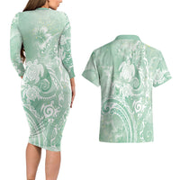 Aloha Hawaii Turtles Floral Couples Matching Long Sleeve Bodycon Dress and Hawaiian Shirt Seafoam Marbles Glaze