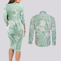 Aloha Hawaii Turtles Floral Couples Matching Long Sleeve Bodycon Dress and Long Sleeve Button Shirt Seafoam Marbles Glaze