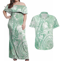 Aloha Hawaii Turtles Floral Couples Matching Off Shoulder Maxi Dress and Hawaiian Shirt Seafoam Marbles Glaze