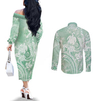 Aloha Hawaii Turtles Floral Couples Matching Off The Shoulder Long Sleeve Dress and Long Sleeve Button Shirt Seafoam Marbles Glaze