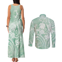 Aloha Hawaii Turtles Floral Couples Matching Tank Maxi Dress and Long Sleeve Button Shirt Seafoam Marbles Glaze