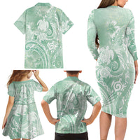 Aloha Hawaii Turtles Floral Family Matching Long Sleeve Bodycon Dress and Hawaiian Shirt Seafoam Marbles Glaze