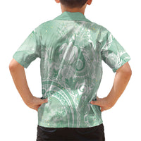 Aloha Hawaii Turtles Floral Family Matching Off The Shoulder Long Sleeve Dress and Hawaiian Shirt Seafoam Marbles Glaze