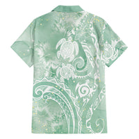 Aloha Hawaii Turtles Floral Family Matching Off The Shoulder Long Sleeve Dress and Hawaiian Shirt Seafoam Marbles Glaze
