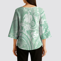 Aloha Hawaii Turtles Floral Kimono Sleeve Blouse Seafoam Marbles Glaze