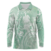 Aloha Hawaii Turtles Floral Long Sleeve Polo Shirt Seafoam Marbles Glaze