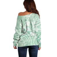 Aloha Hawaii Turtles Floral Off Shoulder Sweater Seafoam Marbles Glaze