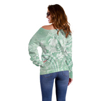 Aloha Hawaii Turtles Floral Off Shoulder Sweater Seafoam Marbles Glaze