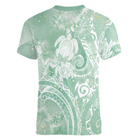 Aloha Hawaii Turtles Floral Women V-Neck T-Shirt Seafoam Marbles Glaze