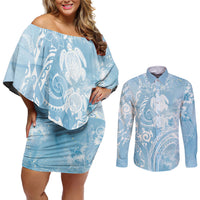 Aloha Hawaii Turtles Floral Couples Matching Off Shoulder Short Dress and Long Sleeve Button Shirt Aqua Marbles Glaze