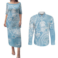 Aloha Hawaii Turtles Floral Couples Matching Puletasi and Long Sleeve Button Shirt Aqua Marbles Glaze