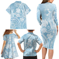Aloha Hawaii Turtles Floral Family Matching Long Sleeve Bodycon Dress and Hawaiian Shirt Aqua Marbles Glaze LT7 Mom's Dress Aqua - Polynesian Pride