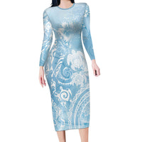 Aloha Hawaii Turtles Floral Family Matching Long Sleeve Bodycon Dress and Hawaiian Shirt Aqua Marbles Glaze