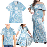 Aloha Hawaii Turtles Floral Family Matching Off Shoulder Maxi Dress and Hawaiian Shirt Aqua Marbles Glaze